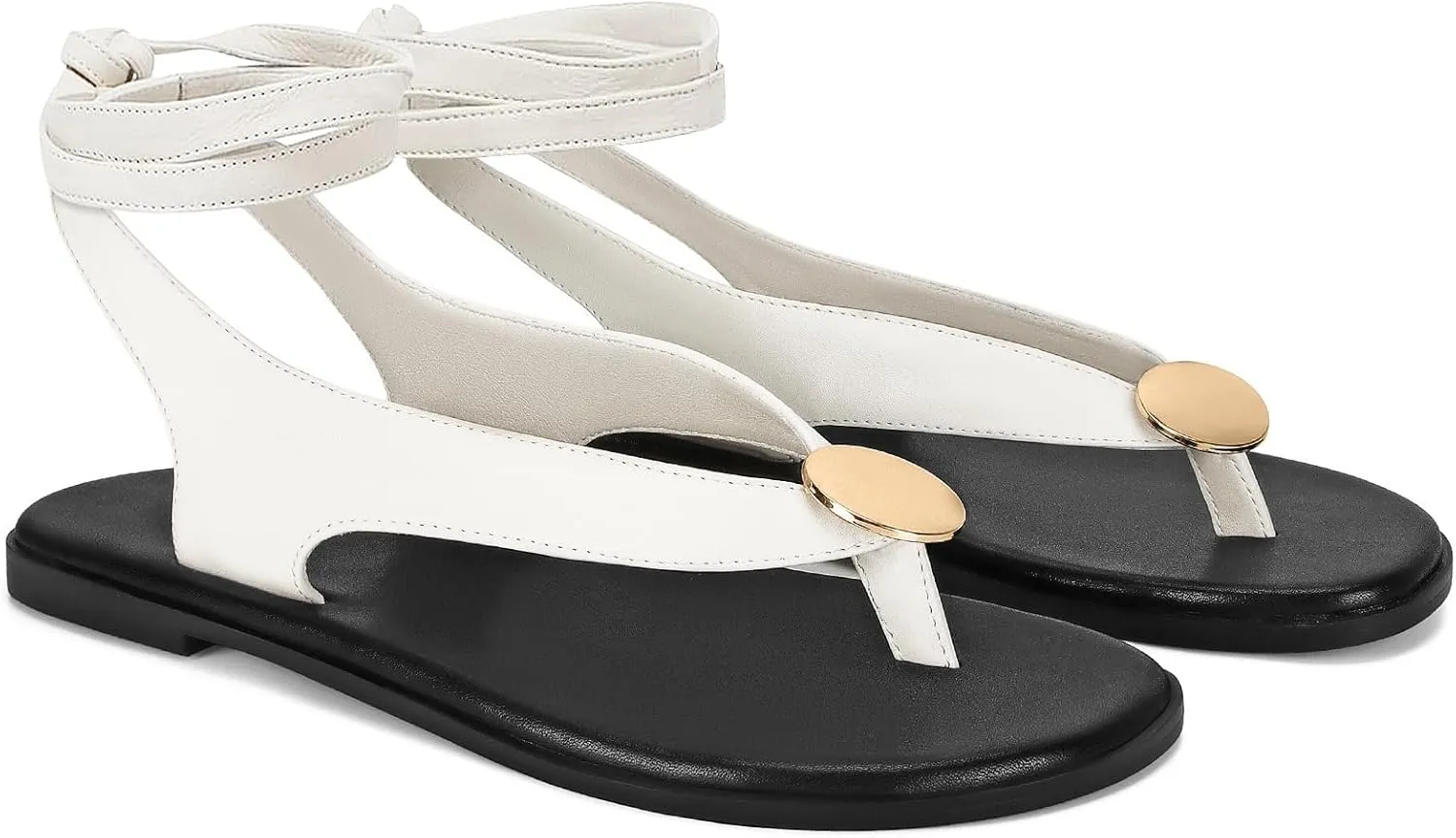 Flat Sandals for Women Strappy Sandals Comfortable Dressy Beach Flip Flop Slides Thong Sandals for Women with Metal Circular