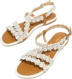 Flat Sandals for Women – Sweet Pink Flower Accent Strappy Summer Shoes with Soft Light Brown Sole for Vacation, Beach & Casual Outings