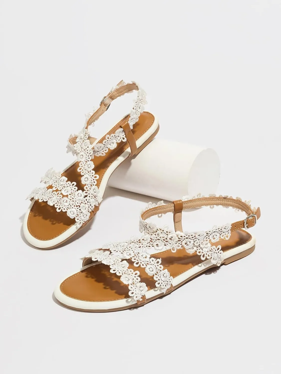Flat Sandals for Women – Sweet Pink Flower Accent Strappy Summer Shoes with Soft Light Brown Sole for Vacation, Beach & Casual Outings