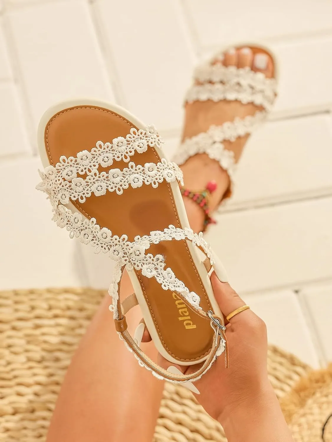 Flat Sandals for Women – Sweet Pink Flower Accent Strappy Summer Shoes with Soft Light Brown Sole for Vacation, Beach & Casual Outings