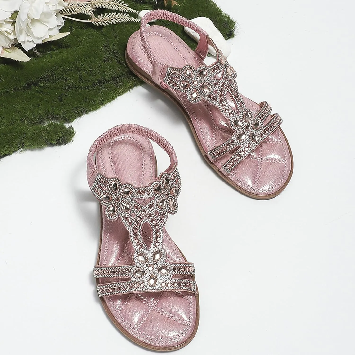 Flat Women Sandals Comfortable Breathable Non Slip Flat Sandals Casual Summer Beach Shoes Ladies Sparkling Rhinestone Bling Wedding Shoes for Summer Wedding