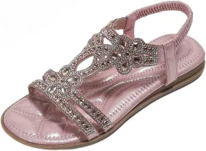 Flat Women Sandals Comfortable Breathable Non Slip Flat Sandals Casual Summer Beach Shoes Ladies Sparkling Rhinestone Bling Wedding Shoes for Summer Wedding