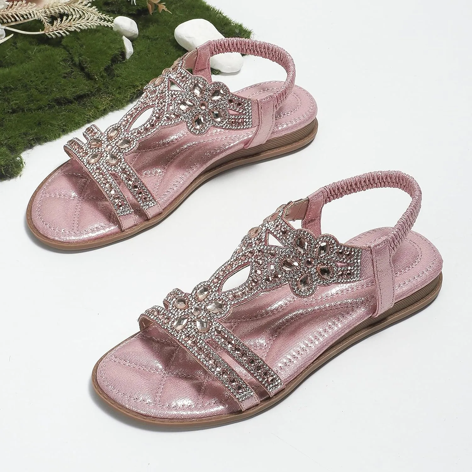 Flat Women Sandals Comfortable Breathable Non Slip Flat Sandals Casual Summer Beach Shoes Ladies Sparkling Rhinestone Bling Wedding Shoes for Summer Wedding