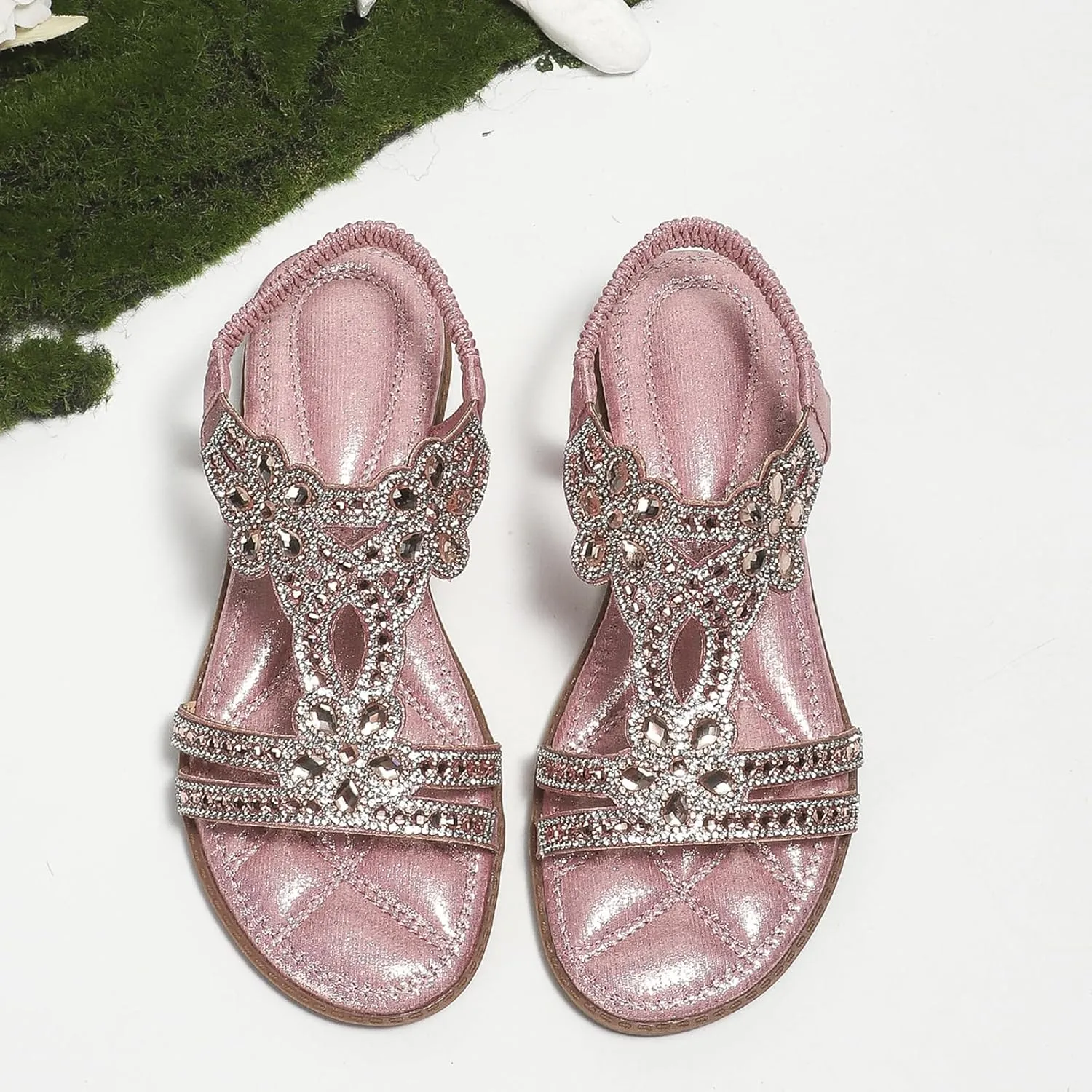 Flat Women Sandals Comfortable Breathable Non Slip Flat Sandals Casual Summer Beach Shoes Ladies Sparkling Rhinestone Bling Wedding Shoes for Summer Wedding