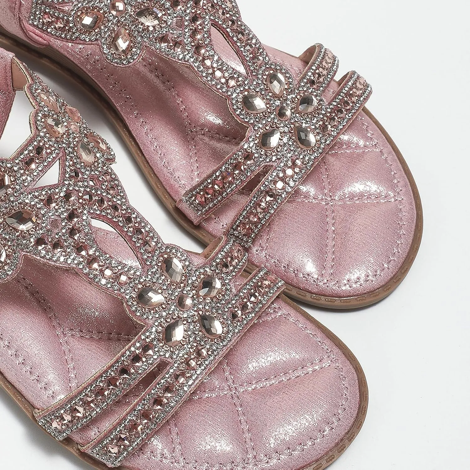 Flat Women Sandals Comfortable Breathable Non Slip Flat Sandals Casual Summer Beach Shoes Ladies Sparkling Rhinestone Bling Wedding Shoes for Summer Wedding