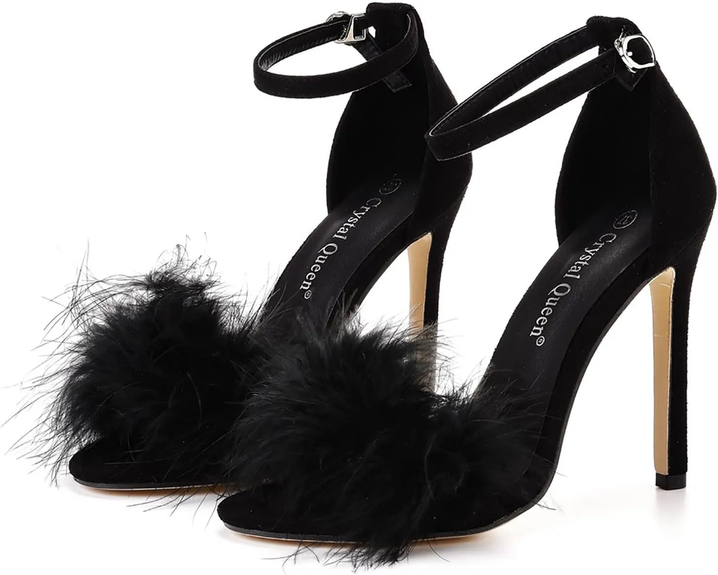 for Women Open Toe with Feather Heels Fluffy High Heel Shoes Party Ankle Strap Stiletto