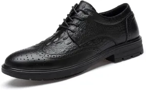Formal Shoes Dress Oxford for Men Lace Up Crocodile Brogue Embossed Wing Tip Almond Toe Leather Block Heel Anti-Slip Low Top Party Suitable for Many Occasions