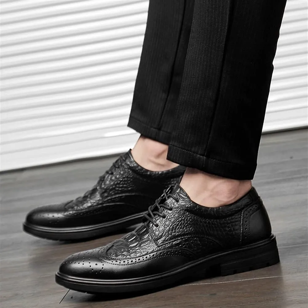 Formal Shoes Dress Oxford for Men Lace Up Crocodile Brogue Embossed Wing Tip Almond Toe Leather Block Heel Anti-Slip Low Top Party Suitable for Many Occasions