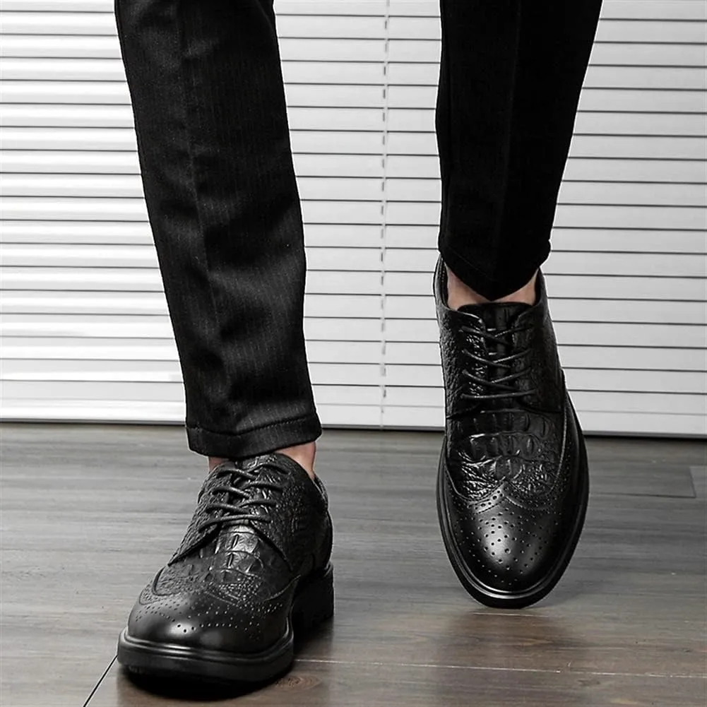 Formal Shoes Dress Oxford for Men Lace Up Crocodile Brogue Embossed Wing Tip Almond Toe Leather Block Heel Anti-Slip Low Top Party Suitable for Many Occasions