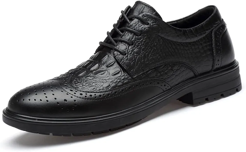 Formal Shoes Dress Oxford for Men Lace Up Crocodile Brogue Embossed Wing Tip Almond Toe Leather Block Heel Anti-Slip Low Top Party Suitable for Many Occasions