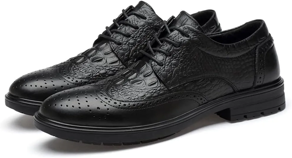 Formal Shoes Dress Oxford for Men Lace Up Crocodile Brogue Embossed Wing Tip Almond Toe Leather Block Heel Anti-Slip Low Top Party Suitable for Many Occasions