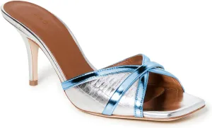 FOWT Fashion Metallic Croc-Embossed Mules Classic Square Toe Two Tone Cross Narrow Band Kitten Heeled Sandals Adorable Silver Pumps for Women Casual Leisure Shoes, US Size 4-16 M