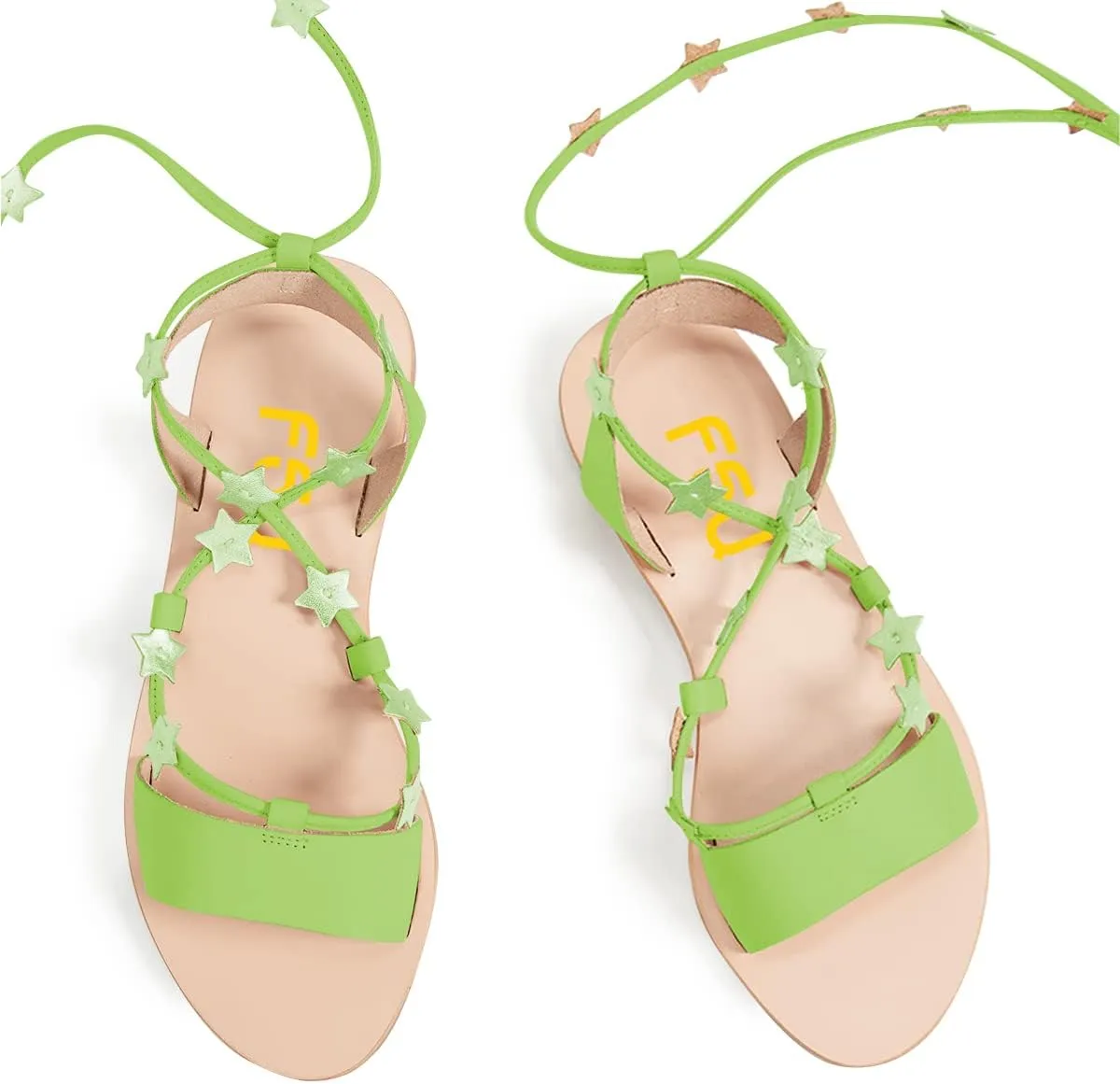 FSJ Women Lace-up Flat Sandals Tie up Open Toe Cute Star Strappy Ankle Wrap Slingback CrissCross Casual Dress Summer Shoes Size 4-15 US
