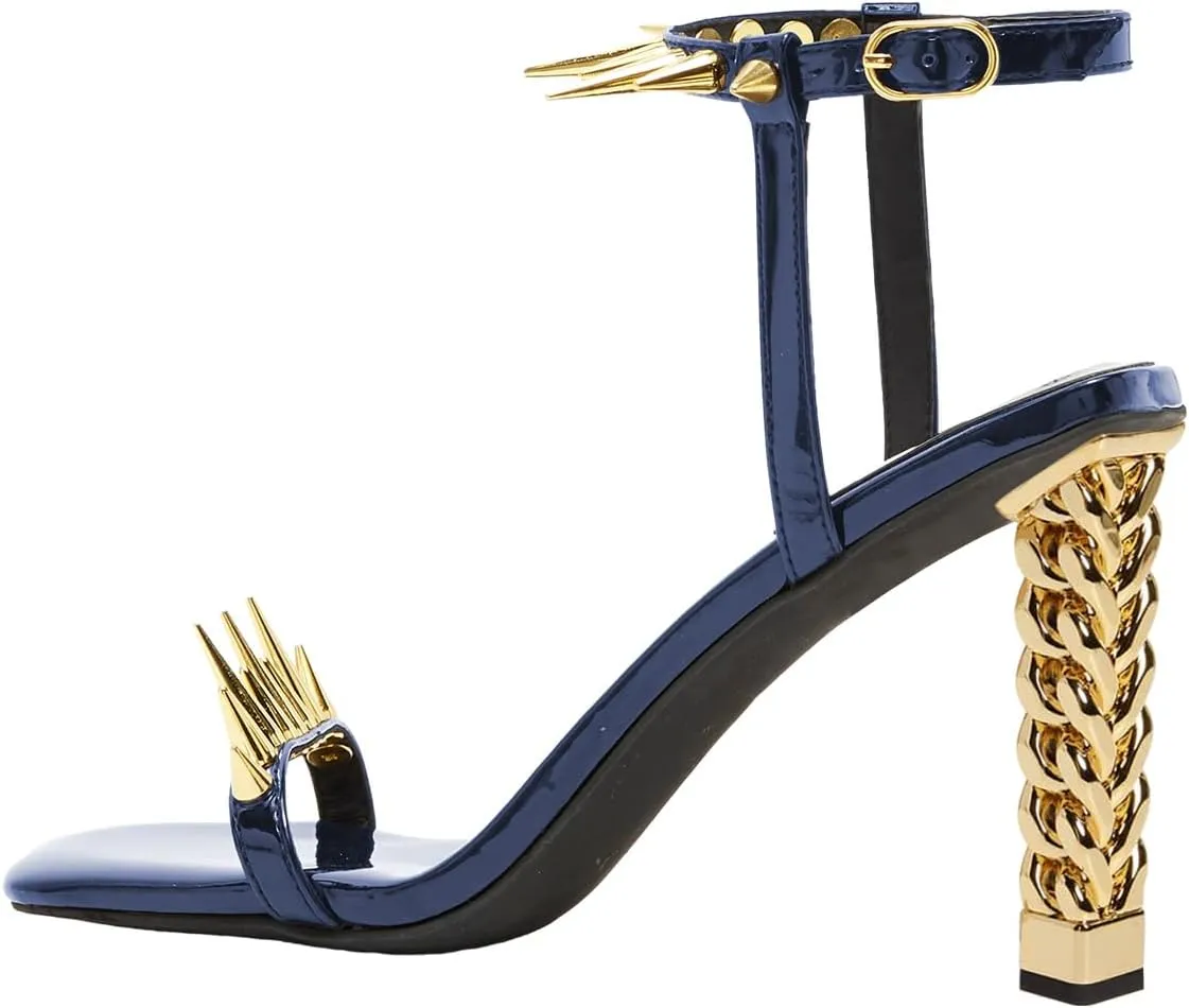 FSJ Women Strappy Sandals with Spikes Heel Gold Chain Chunky High Heel Square Open Toe Ankle Strap Sandals Rivet Studded Party Shopping Holiday Shoes Size 4-16 US