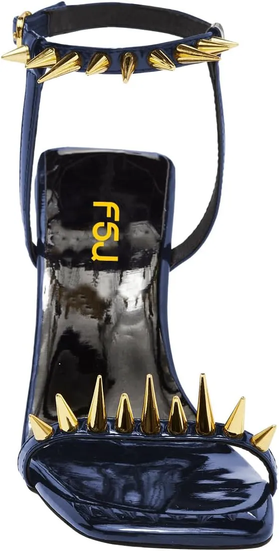 FSJ Women Strappy Sandals with Spikes Heel Gold Chain Chunky High Heel Square Open Toe Ankle Strap Sandals Rivet Studded Party Shopping Holiday Shoes Size 4-16 US