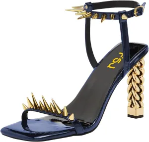 FSJ Women Strappy Sandals with Spikes Heel Gold Chain Chunky High Heel Square Open Toe Ankle Strap Sandals Rivet Studded Party Shopping Holiday Shoes Size 4-16 US