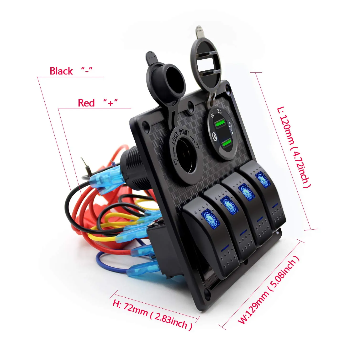 FXC Waterproof Marine Boat Rocker Switch Panel 4 Gang with Dual USB Slot Socket （QC 3.0  Cigarette Lighter LED Light for Car Rv Vehicles Truck (4Gang blue189)