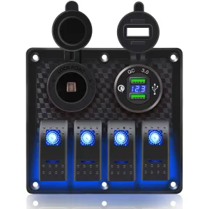 FXC Waterproof Marine Boat Rocker Switch Panel 4 Gang with Dual USB Slot Socket （QC 3.0  Cigarette Lighter LED Light for Car Rv Vehicles Truck (4Gang blue189)