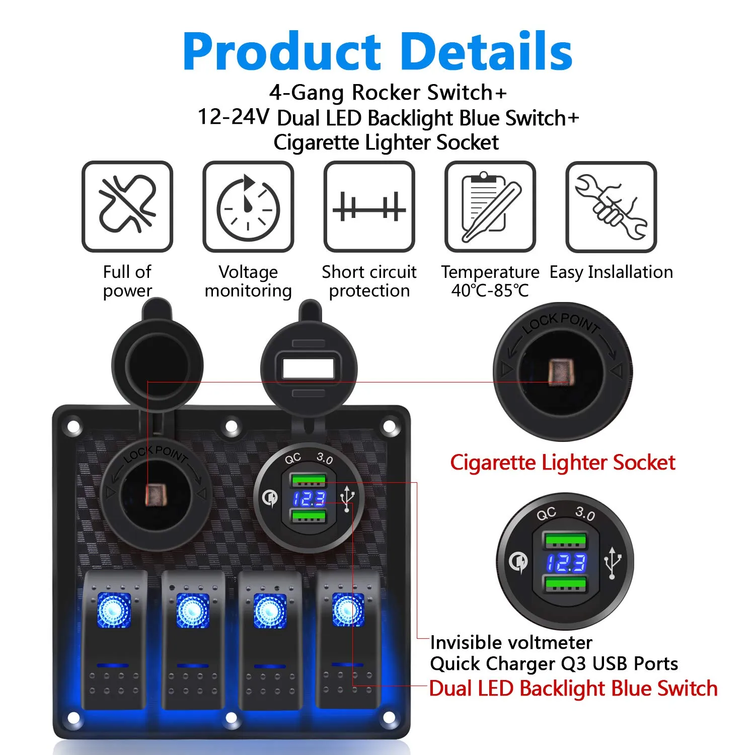 FXC Waterproof Marine Boat Rocker Switch Panel 4 Gang with Dual USB Slot Socket （QC 3.0  Cigarette Lighter LED Light for Car Rv Vehicles Truck (4Gang blue189)