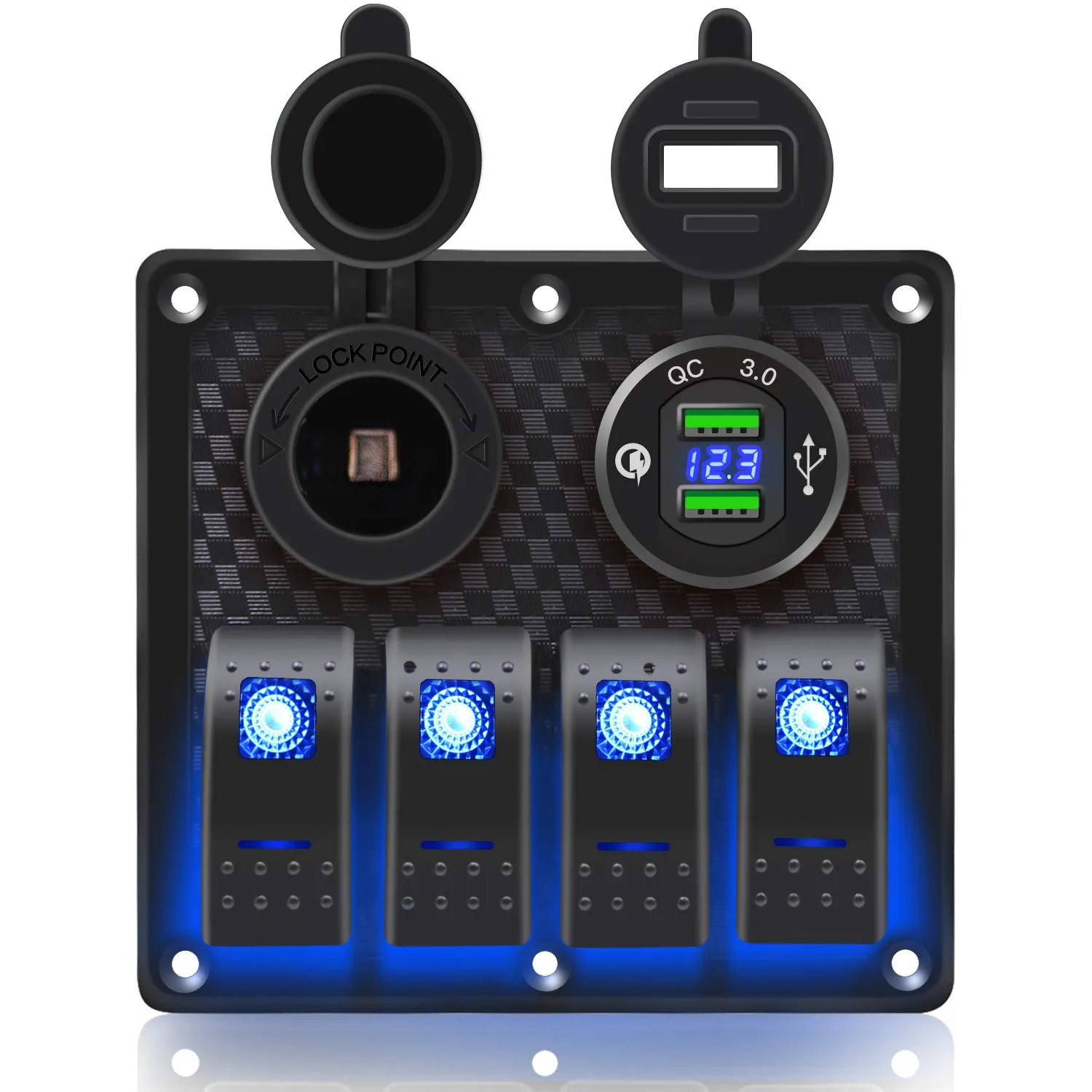 FXC Waterproof Marine Boat Rocker Switch Panel 4 Gang with Dual USB Slot Socket （QC 3.0  Cigarette Lighter LED Light for Car Rv Vehicles Truck (4Gang blue189)