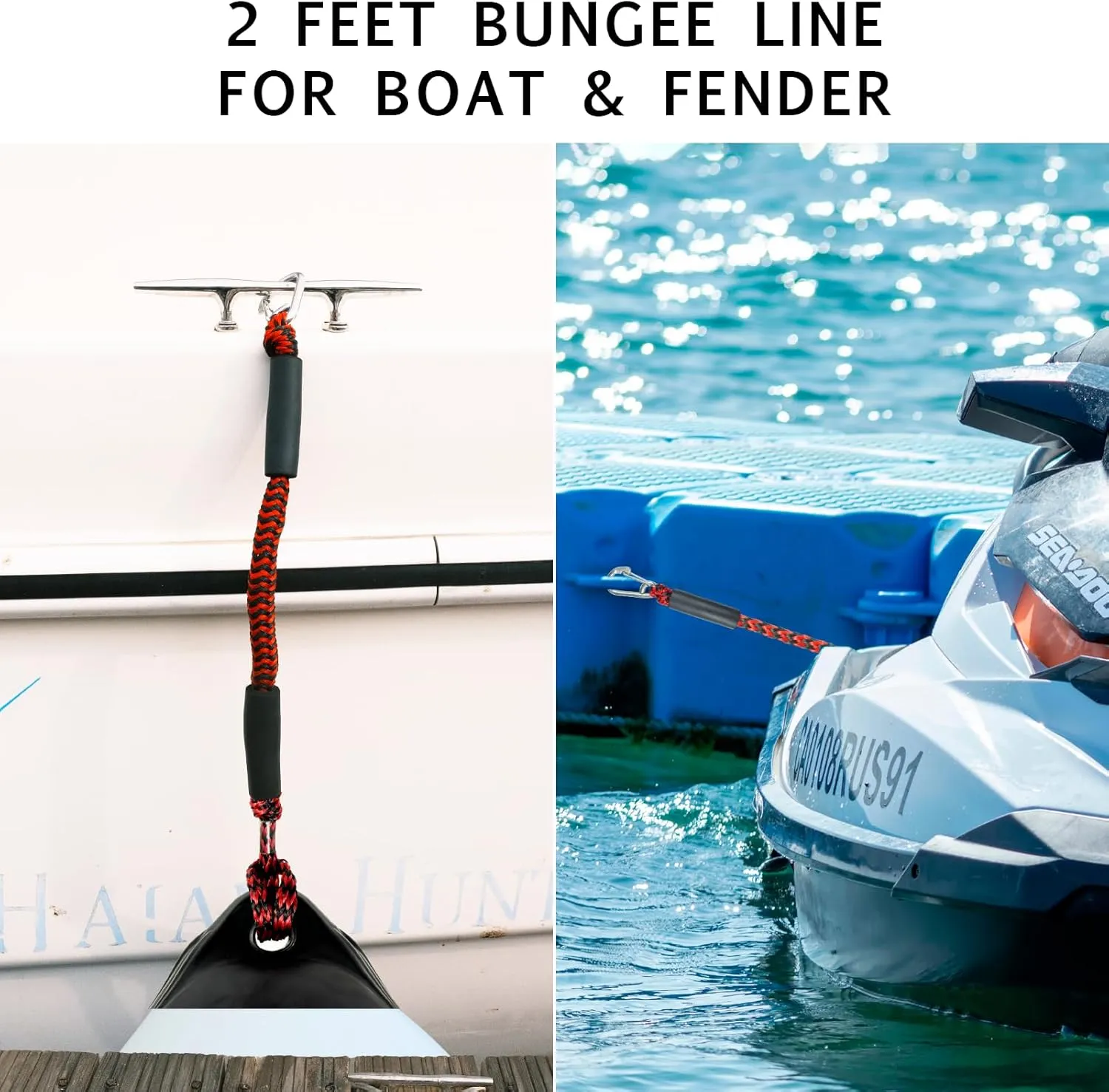 Geelu 2FT Bungee Dock Line Boat Accessories 2pcs Fender Lines with 316 Stainless Clip for Boat Bumper/Boat Fender for Mooring for Jet Ski, Seadoo, Yamaha (Red Black, 2Feet)