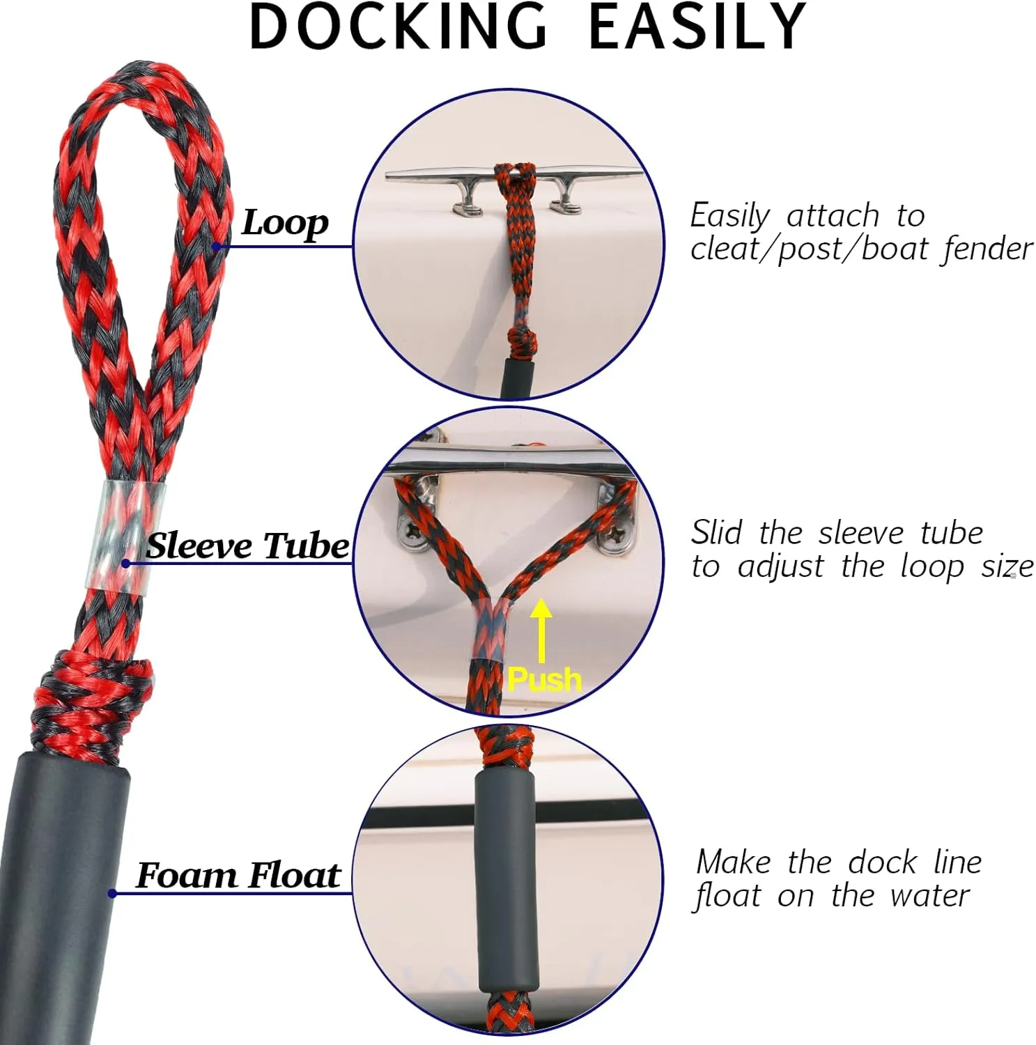 Geelu 2FT Bungee Dock Line Boat Accessories 2pcs Fender Lines with 316 Stainless Clip for Boat Bumper/Boat Fender for Mooring for Jet Ski, Seadoo, Yamaha (Red Black, 2Feet)