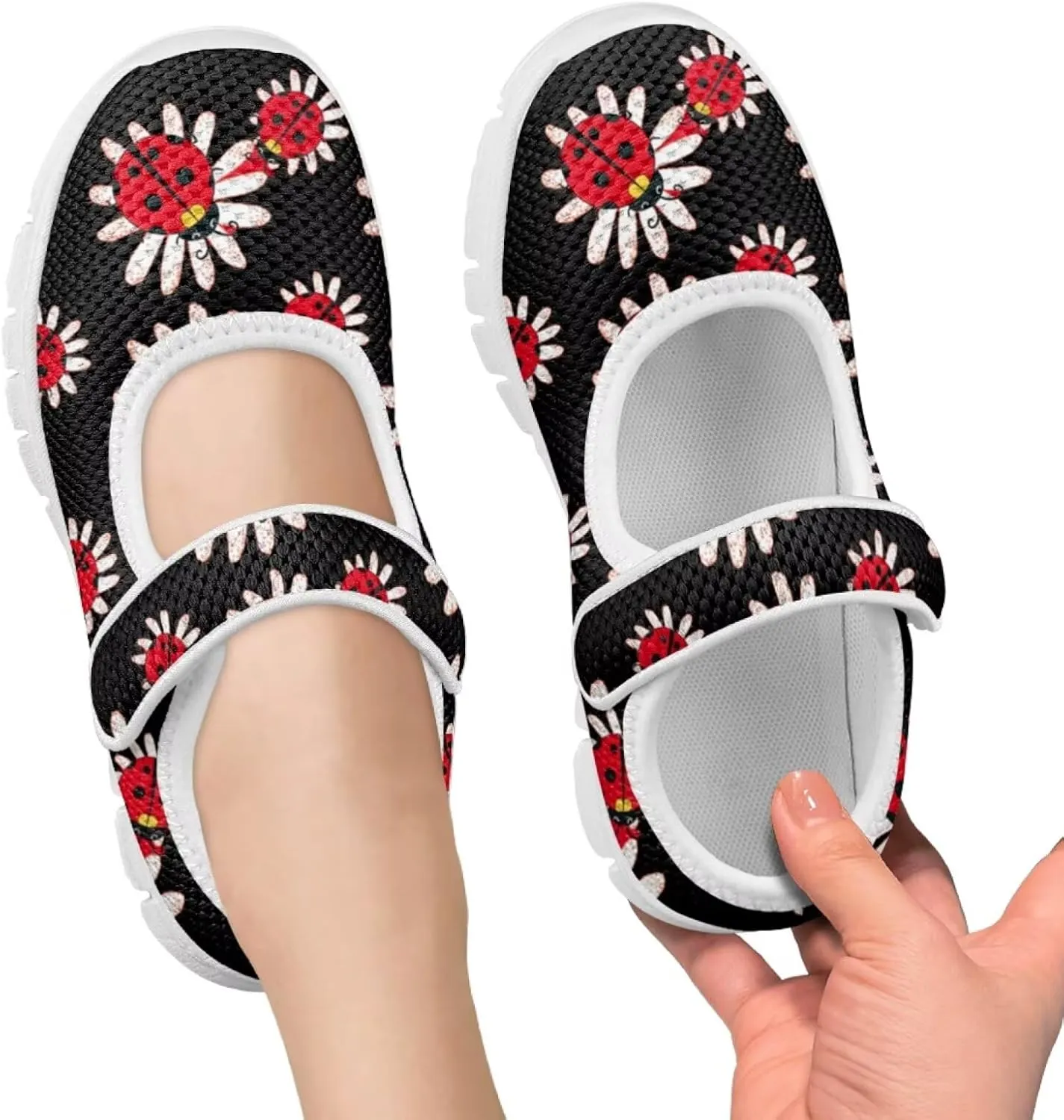 Girls Mary Jane Shoes Honey Bee Mesh Shoes Laceless Ladybug Athletic Low Cut Sneakers with Magic Sticker Slip On Casual Dress Clothes Shoe