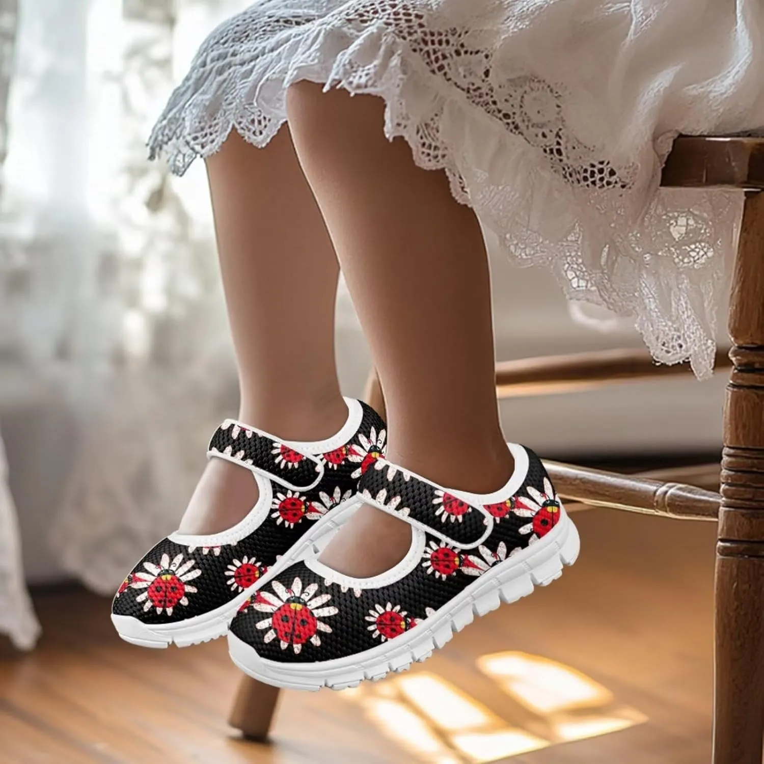 Girls Mary Jane Shoes Honey Bee Mesh Shoes Laceless Ladybug Athletic Low Cut Sneakers with Magic Sticker Slip On Casual Dress Clothes Shoe