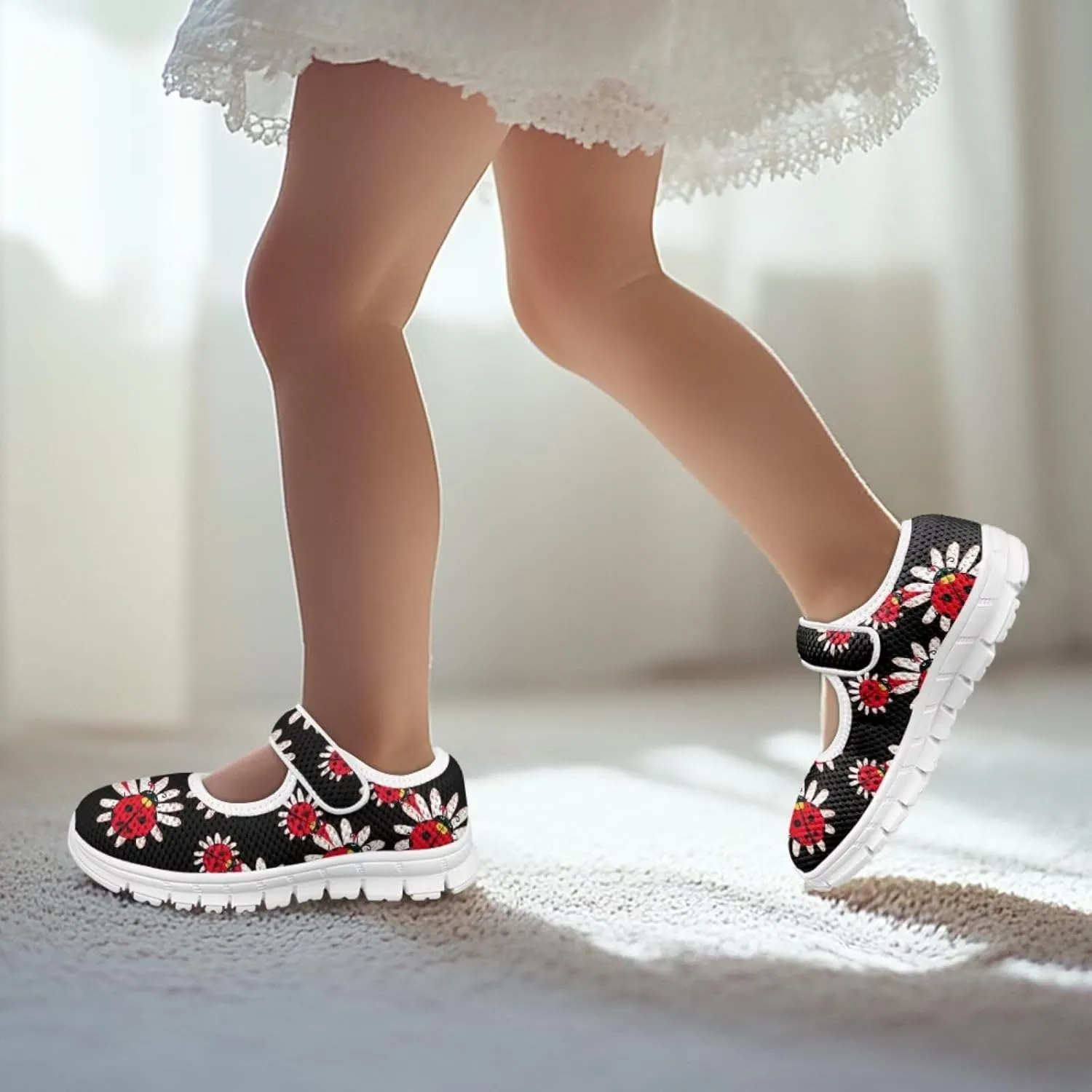 Girls Mary Jane Shoes Honey Bee Mesh Shoes Laceless Ladybug Athletic Low Cut Sneakers with Magic Sticker Slip On Casual Dress Clothes Shoe