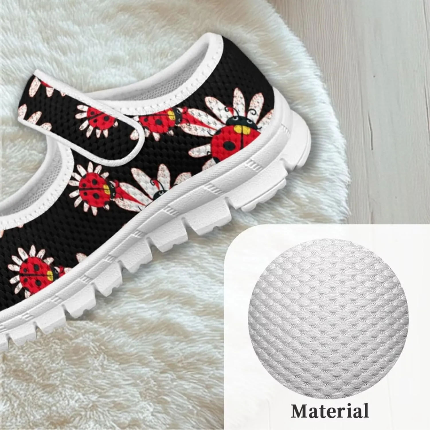 Girls Mary Jane Shoes Honey Bee Mesh Shoes Laceless Ladybug Athletic Low Cut Sneakers with Magic Sticker Slip On Casual Dress Clothes Shoe