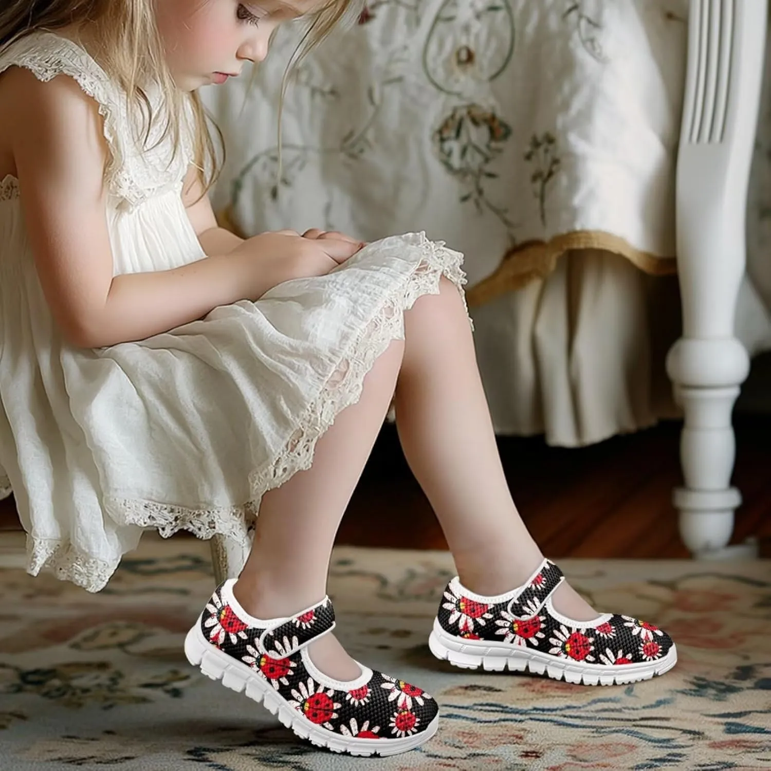Girls Mary Jane Shoes Honey Bee Mesh Shoes Laceless Ladybug Athletic Low Cut Sneakers with Magic Sticker Slip On Casual Dress Clothes Shoe