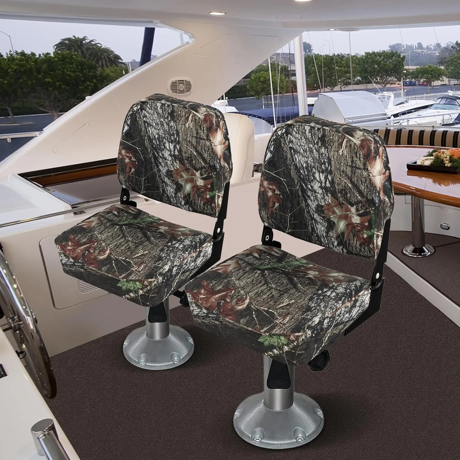 Goplus Low/High Back Boat Seats, Folding Boat Seat with Stainless Steel Screws & Aluminum Hinges, Thickened Sponge Padding, Waterproof Fishing Captain Boat Seats (2 Packs Camo)