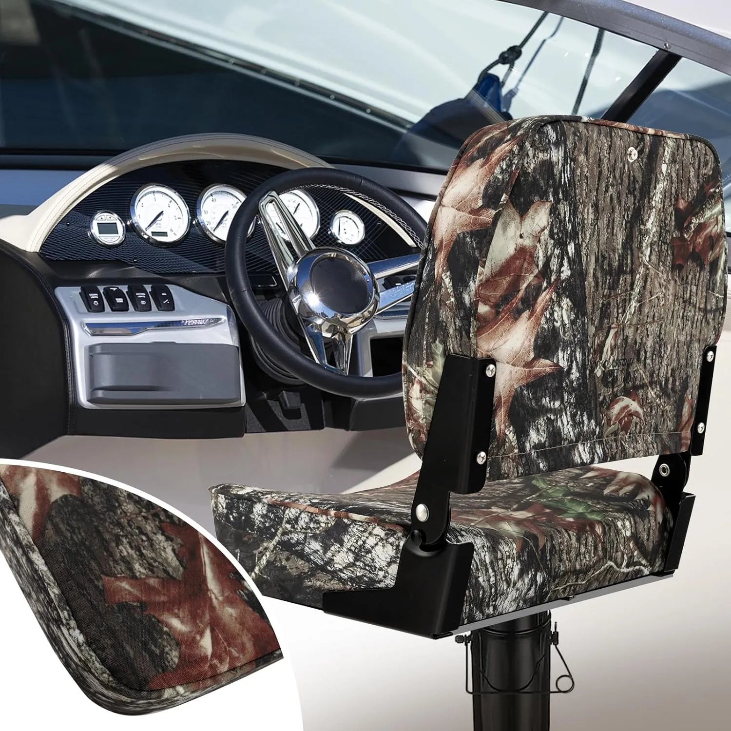 Goplus Low/High Back Boat Seats, Folding Boat Seat with Stainless Steel Screws & Aluminum Hinges, Thickened Sponge Padding, Waterproof Fishing Captain Boat Seats (2 Packs Camo)