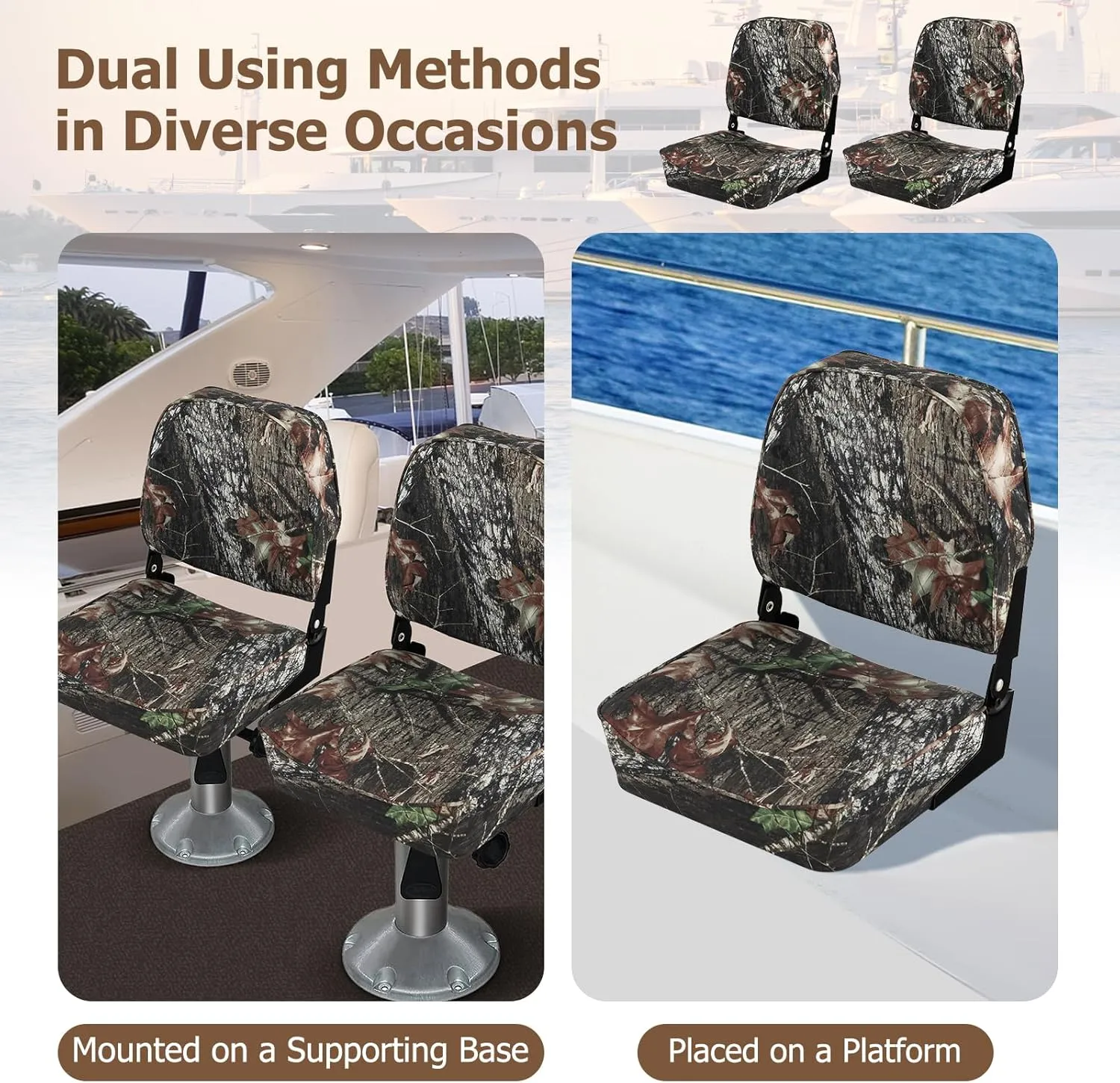 Goplus Low/High Back Boat Seats, Folding Boat Seat with Stainless Steel Screws & Aluminum Hinges, Thickened Sponge Padding, Waterproof Fishing Captain Boat Seats (2 Packs Camo)