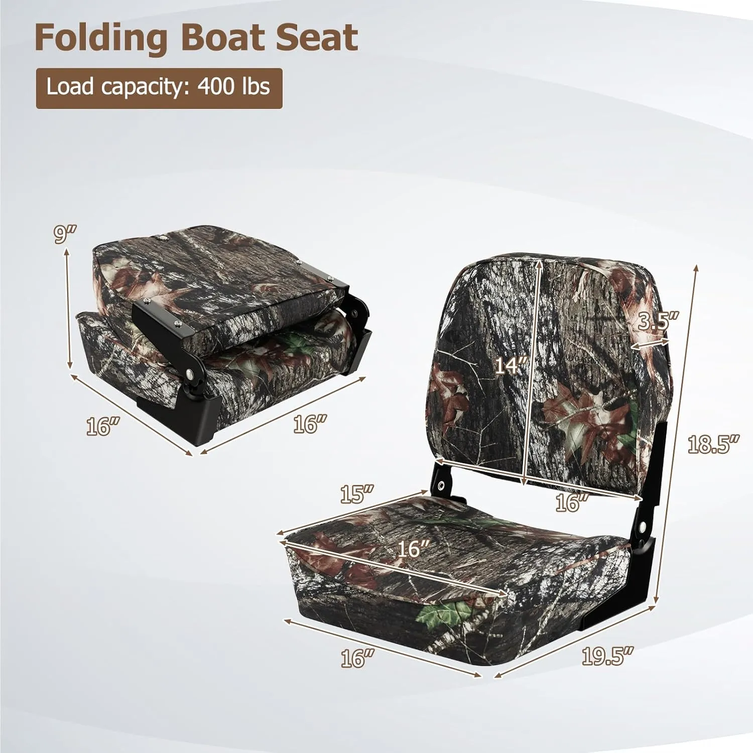 Goplus Low/High Back Boat Seats, Folding Boat Seat with Stainless Steel Screws & Aluminum Hinges, Thickened Sponge Padding, Waterproof Fishing Captain Boat Seats (2 Packs Camo)