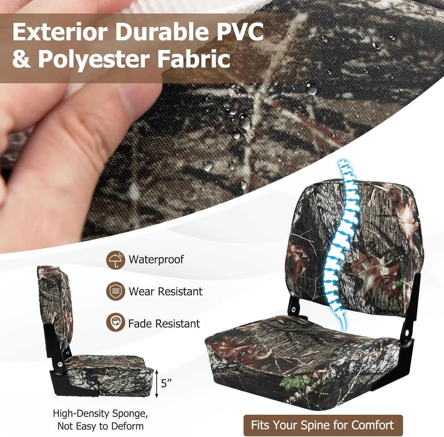 Goplus Low/High Back Boat Seats, Folding Boat Seat with Stainless Steel Screws & Aluminum Hinges, Thickened Sponge Padding, Waterproof Fishing Captain Boat Seats (2 Packs Camo)