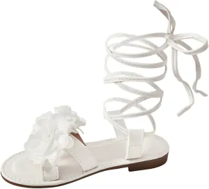 GORGLITTER Girl's 3D Flower Gladiator Flat Sandals Criss Cross Strappy Lace Up Open Toe Slide Shoes