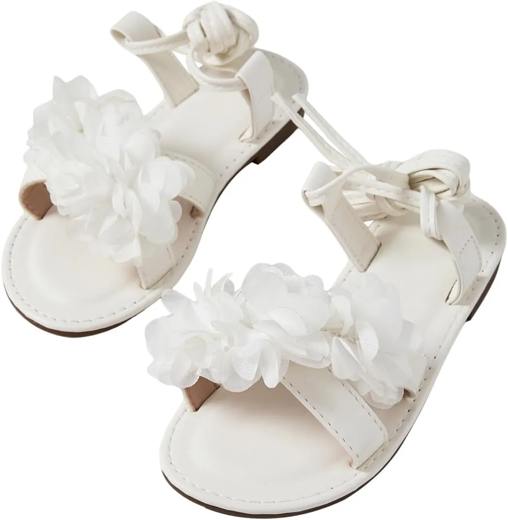 GORGLITTER Girl's 3D Flower Gladiator Flat Sandals Criss Cross Strappy Lace Up Open Toe Slide Shoes
