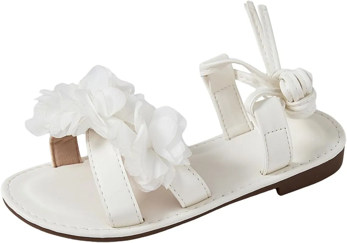 GORGLITTER Girl's 3D Flower Gladiator Flat Sandals Criss Cross Strappy Lace Up Open Toe Slide Shoes