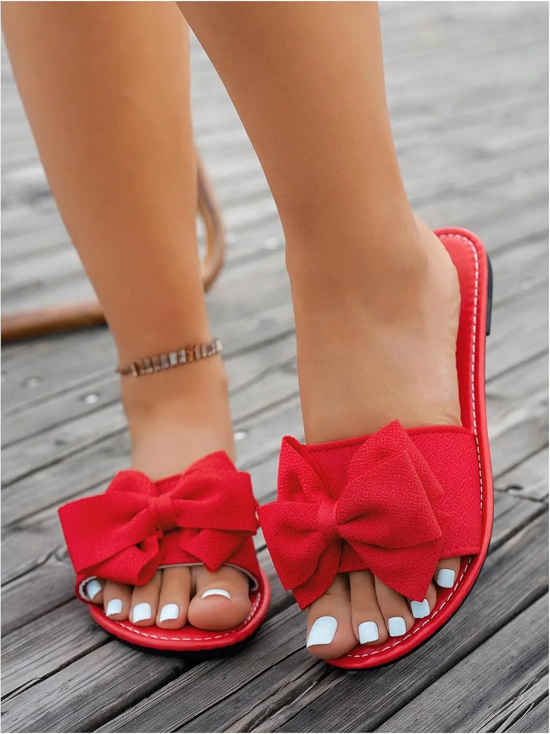 GORGLITTER Women's Bow Sandals Dressy Summer Open Toe Slip On Slides Vacation Beach Flat Sandals