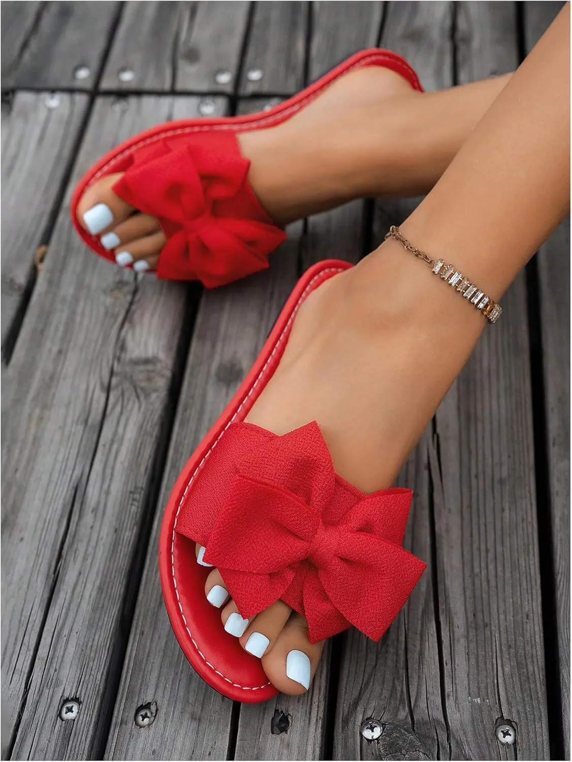 GORGLITTER Women's Bow Sandals Dressy Summer Open Toe Slip On Slides Vacation Beach Flat Sandals
