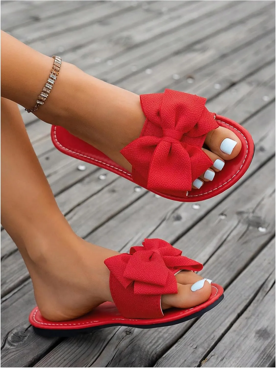 GORGLITTER Women's Bow Sandals Dressy Summer Open Toe Slip On Slides Vacation Beach Flat Sandals