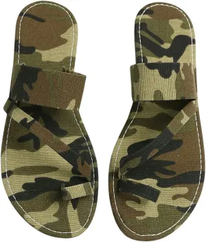 GORGLITTER Women's Camo Print Thong Strappy Flat Sandals Open Toe Slide Sandals Ring Flip Flops