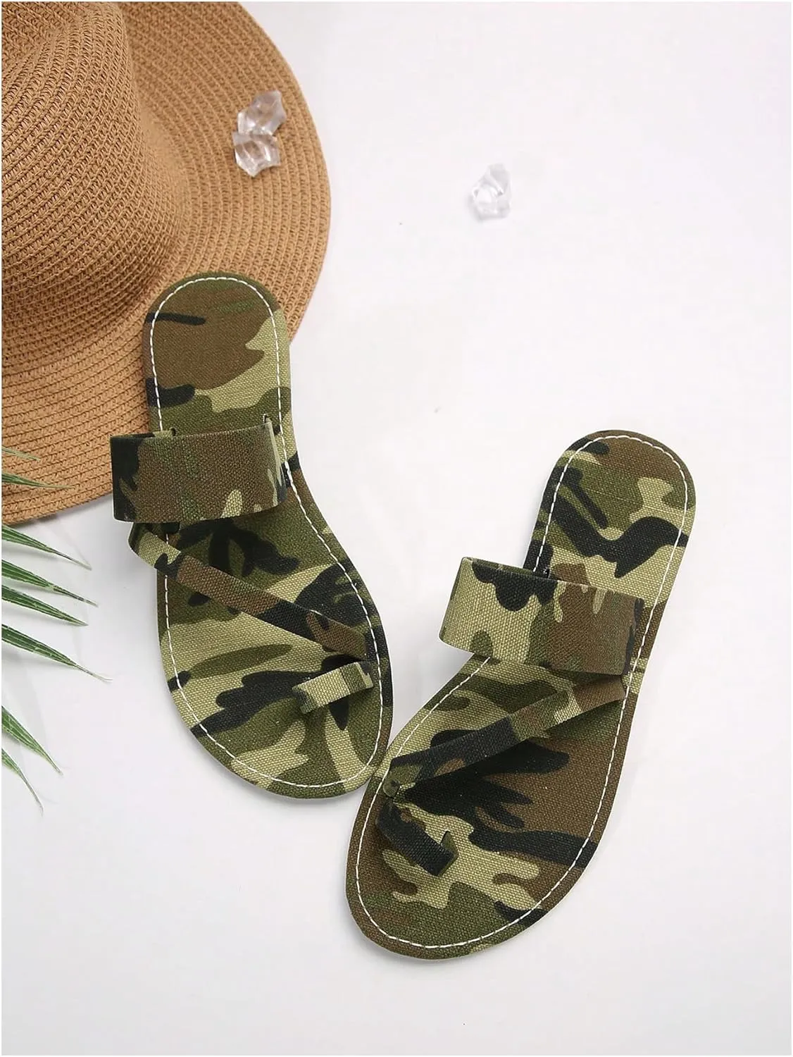GORGLITTER Women's Camo Print Thong Strappy Flat Sandals Open Toe Slide Sandals Ring Flip Flops