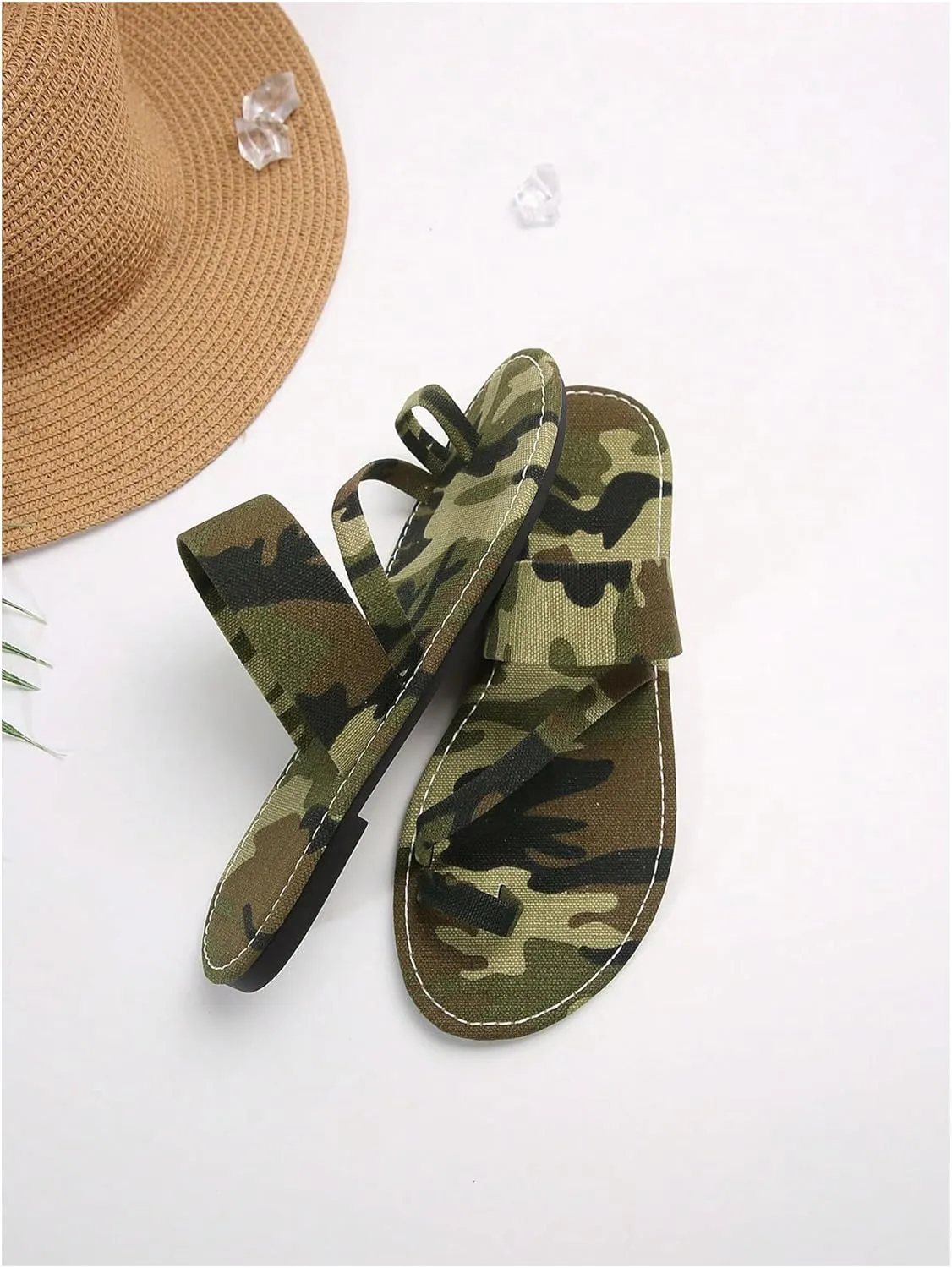 GORGLITTER Women's Camo Print Thong Strappy Flat Sandals Open Toe Slide Sandals Ring Flip Flops