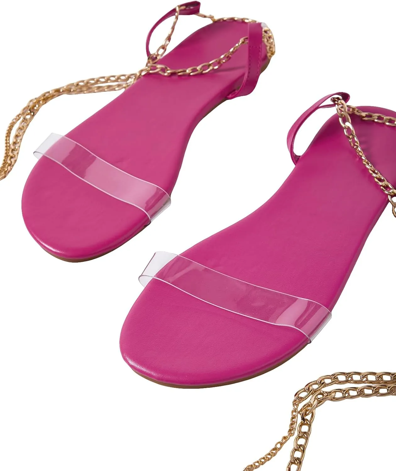 GORGLITTER Women's Clear Strappy Flat Sandals Chain Lace Up Open Toe Dressy Summer Slides