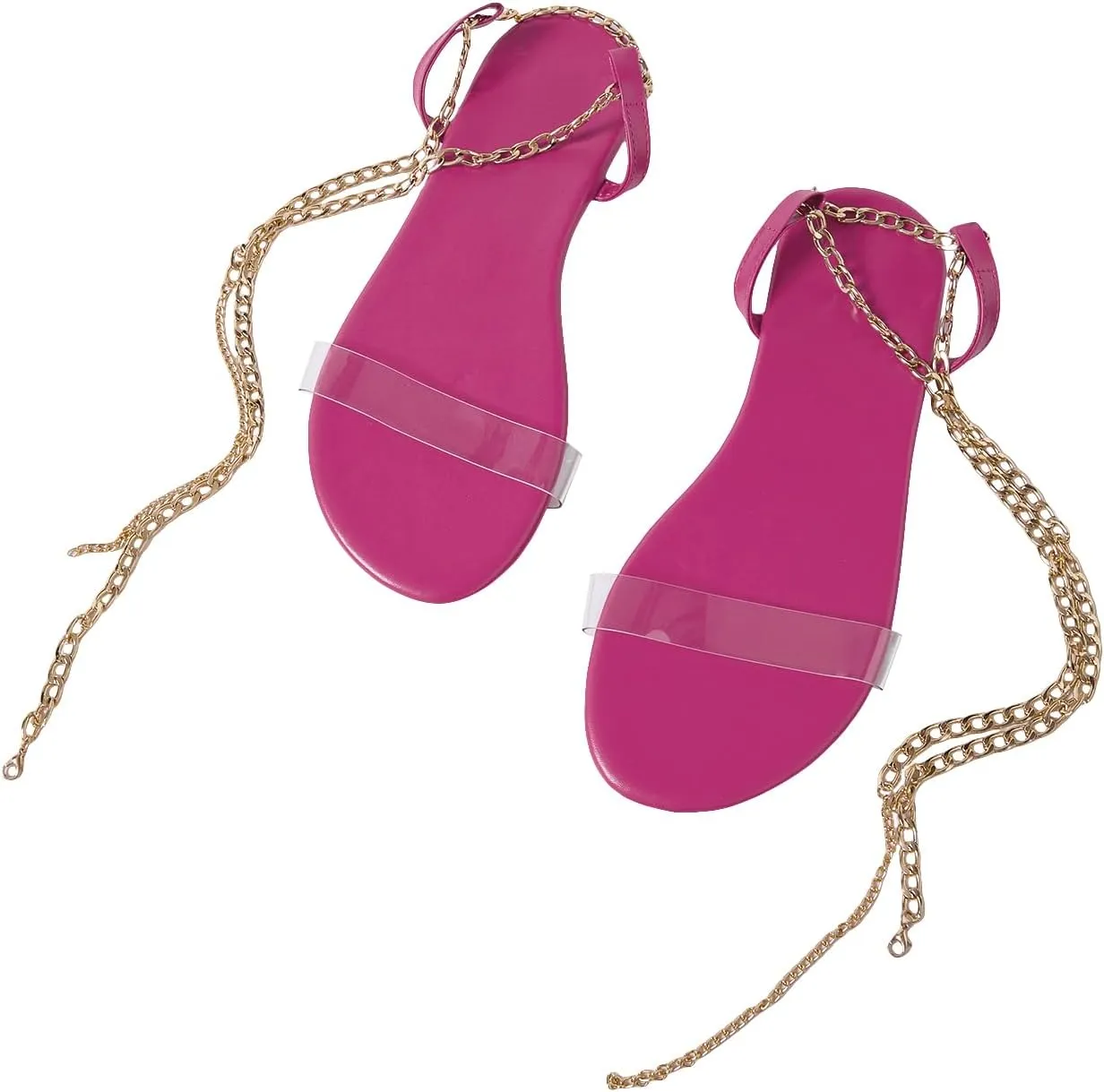 GORGLITTER Women's Clear Strappy Flat Sandals Chain Lace Up Open Toe Dressy Summer Slides