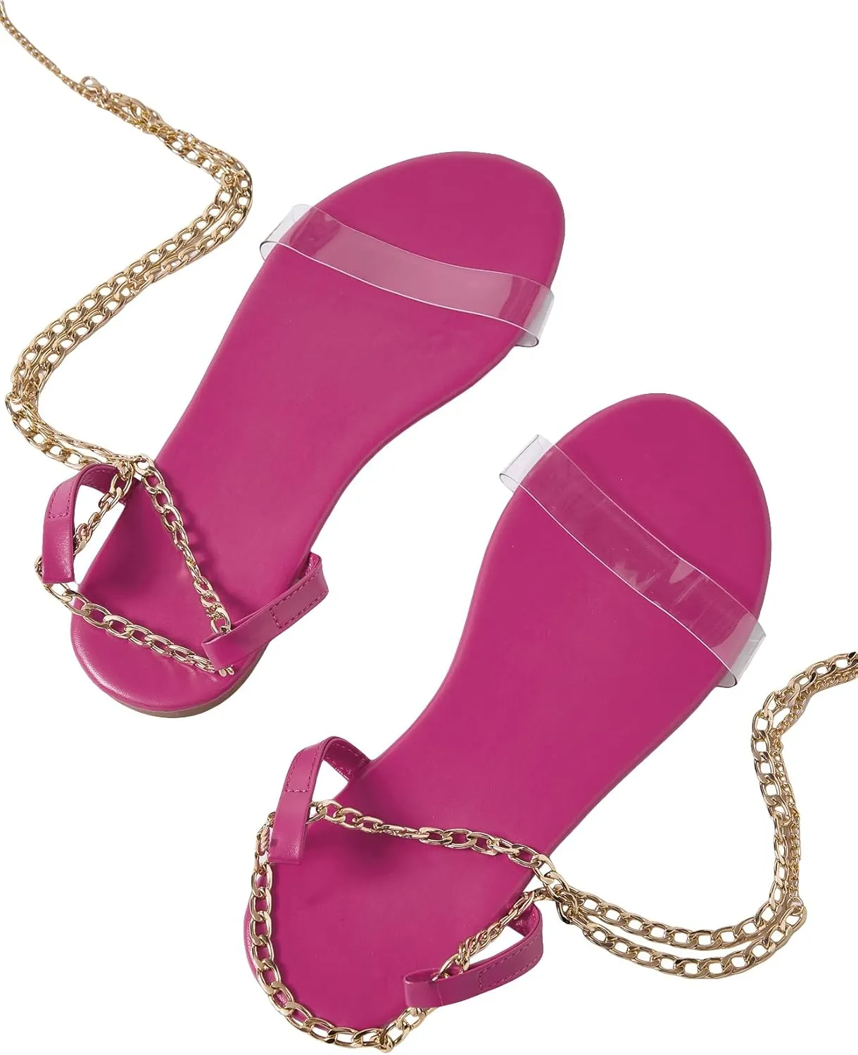 GORGLITTER Women's Clear Strappy Flat Sandals Chain Lace Up Open Toe Dressy Summer Slides