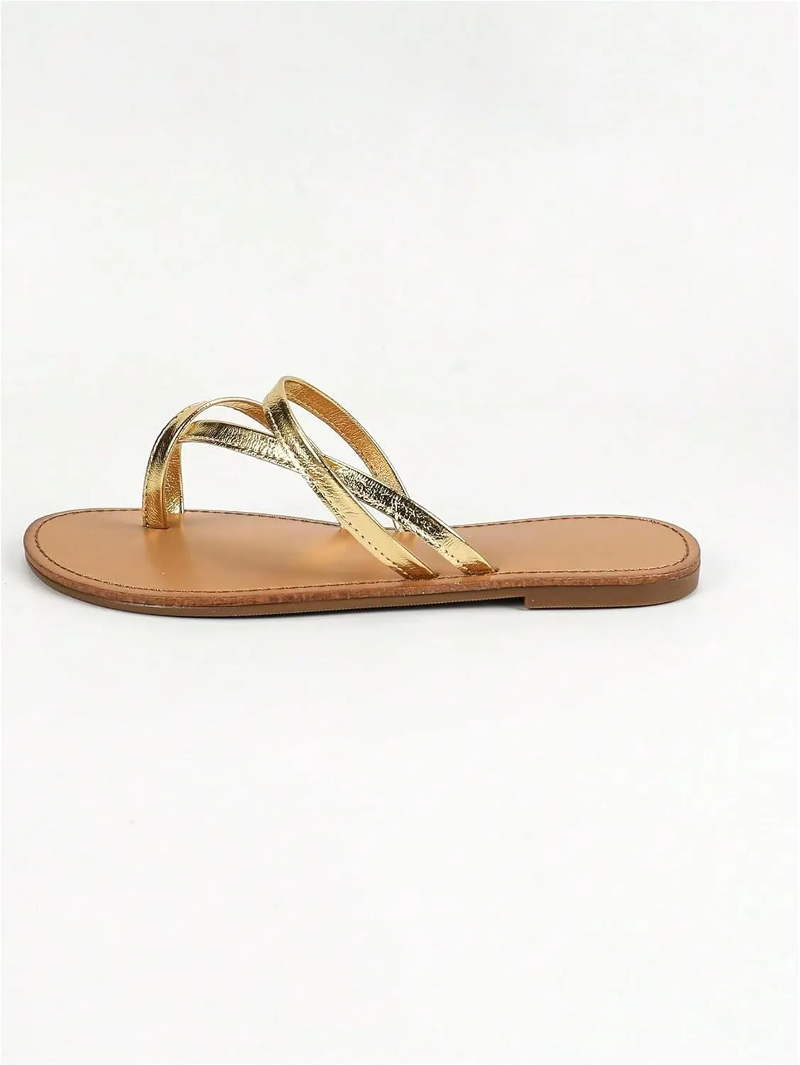 GORGLITTER Women's Gold Metallic Strappy Flat Sandals Toe Ring Criss Cross Slip On Vacation Slide Sandals