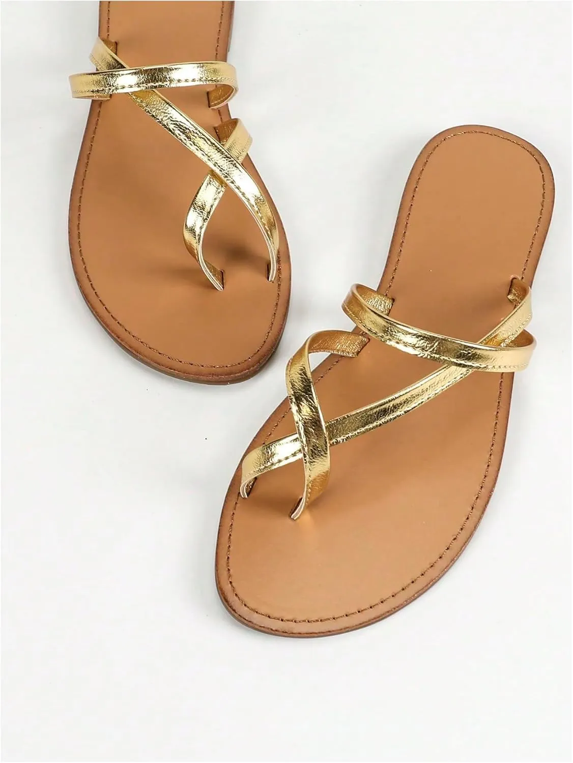GORGLITTER Women's Gold Metallic Strappy Flat Sandals Toe Ring Criss Cross Slip On Vacation Slide Sandals